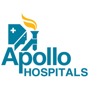 โลโก้โรงพยาบาล Apollo สีฟ้าและเหลือง รูปคบเพลิงและสัญลักษณ์การแพทย์ สื่อถึงแสงสว่างแห่งสุขภาพและการรักษาพยาบาลที่ได้มาตรฐาน