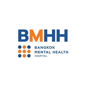 โลโก้โรงพยาบาลสุขภาพจิตกรุงเทพ (BMHH) สีส้มและน้ำเงิน ดีไซน์ทันสมัย สื่อถึงบริการด้านสุขภาพจิตและจิตเวช