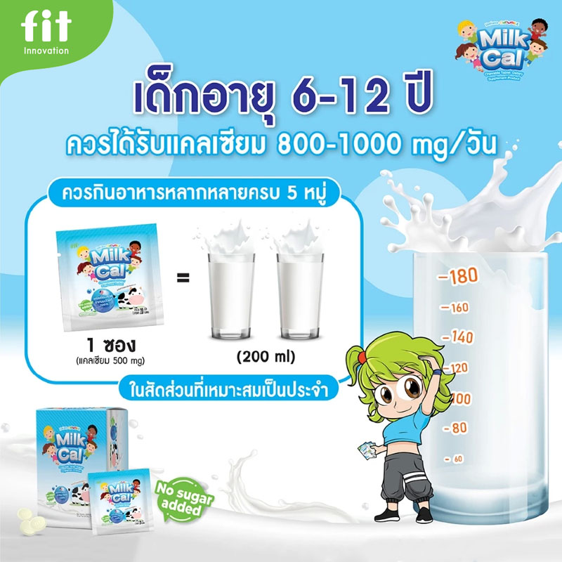 Milk Cal แคลเซียมเม็ดเคี้ยวสำหรับเด็กจาก Fit Innovation เสริมแคลเซียมจากนม พร้อมวิตามิน A, B, C, D, E และแร่ธาตุหลากชนิด ไม่มีน้ำตาล ปลอดภัยสำหรับเด็ก ไม่ต้องกลัวฟันผุ Milk Cal kids chewable calcium supplement from Fit Innovation – made with milk calcium, enriched with vitamins A, B complex, C, D, E, and essential minerals. No sugar added, safe for teeth and growing kids.